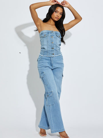 KATCH ME Blue Trendy Denim High Waist Wide Leg Cargo Trousers Trousers